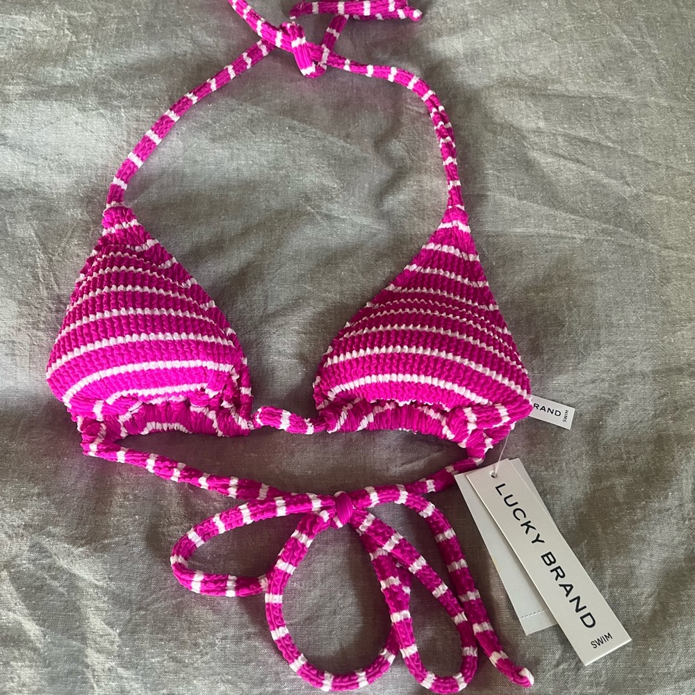 Lucky Brand Women's Pink & White Striped textured Bikini Top Size Small
